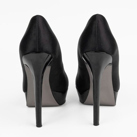 Bebe Black Satin & Patent faux Leather Stiletto Heel Pumps sz 7.5 M - Picture 3 of 13